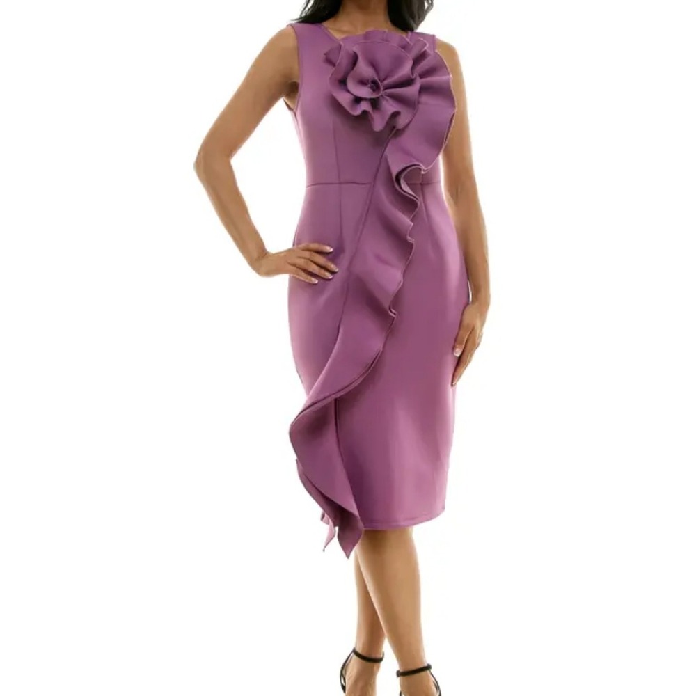 Nina Leonard Women Purple Rosette Ruffle Sculptural Sheath Dress Small NEW